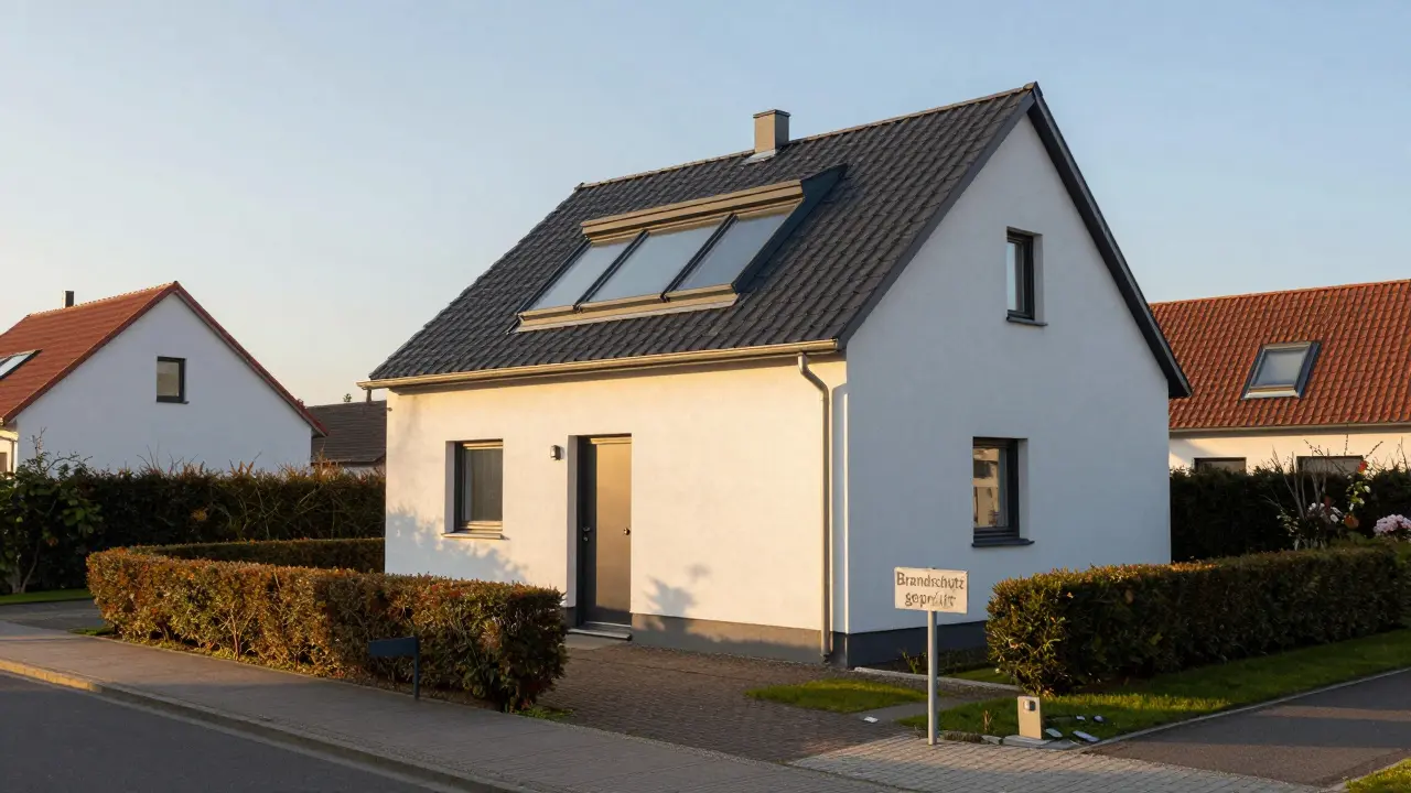 Exterieur eines deutschen Wohnhauses mit zwei sicheren Fluchtwegen: Tür und großes Dachfenster, umgeben von ordentlicher Landschaft.