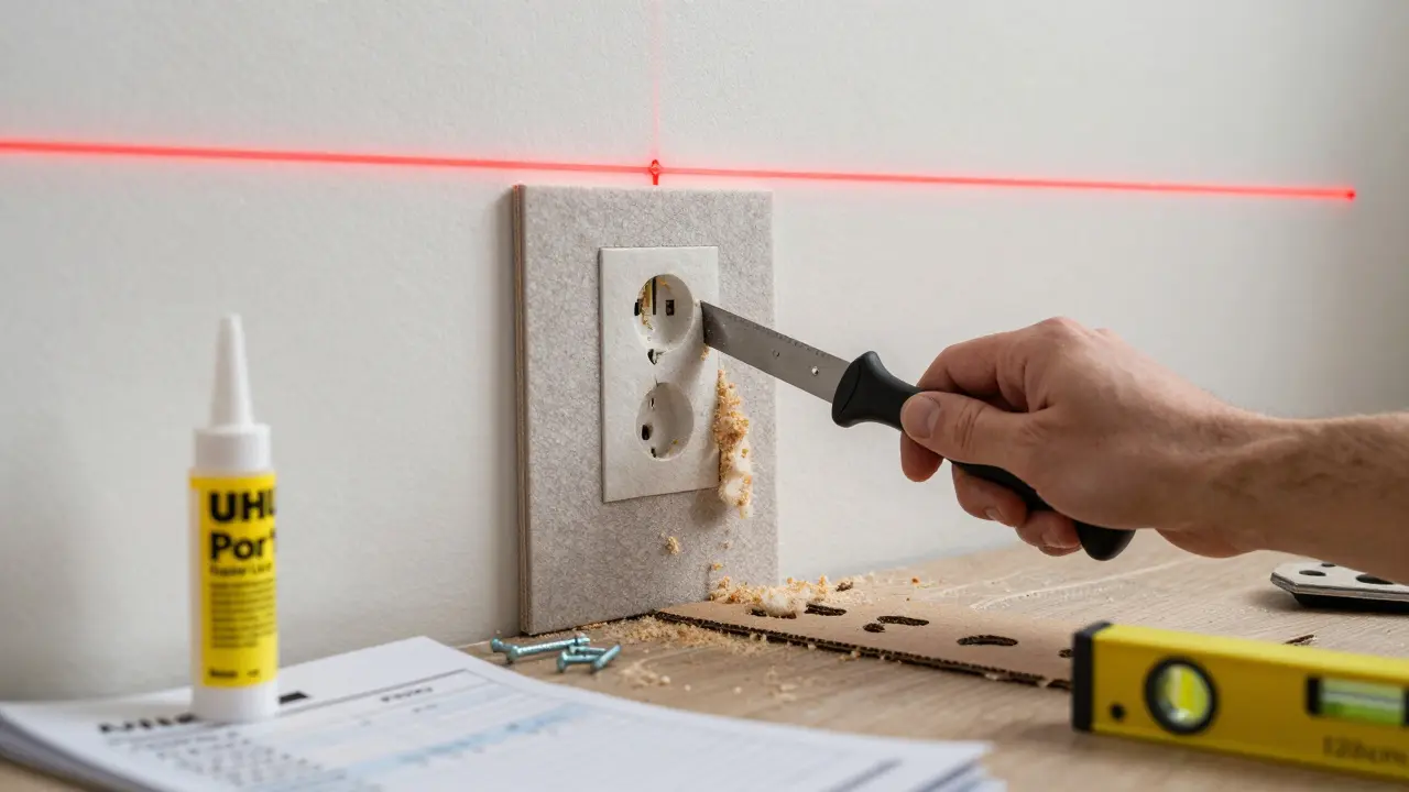 Fein geschnittenes Akustikpaneel um eine Steckdose herum mit speziellem Messer.