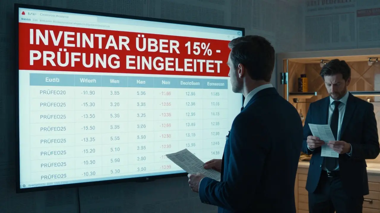 Finanzbeamter vor Bildschirm mit Alarmmeldung 'Inventar über 15%', Käufer mit Rechnungen im Hintergrund.