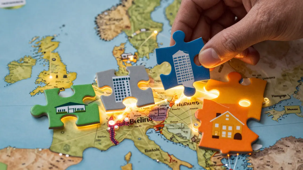 Hand legt vier Immobilien-Typen als Puzzleteile auf eine Deutschlandkarte mit verbindenden Lichtlinien