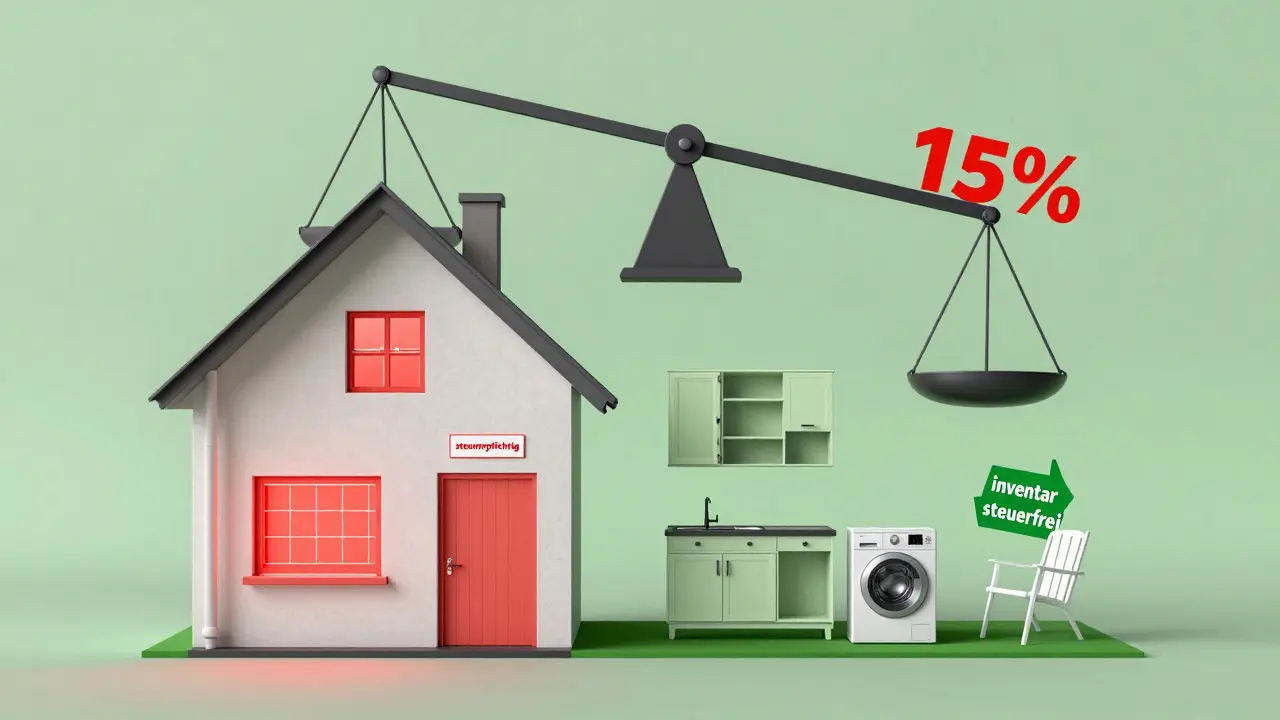 Haus mit aufgeteilter Steuerpflicht: fest verbauter Teil in Rot, bewegliches Inventar in Grün, 15%-Grenze als Warnlinie.
