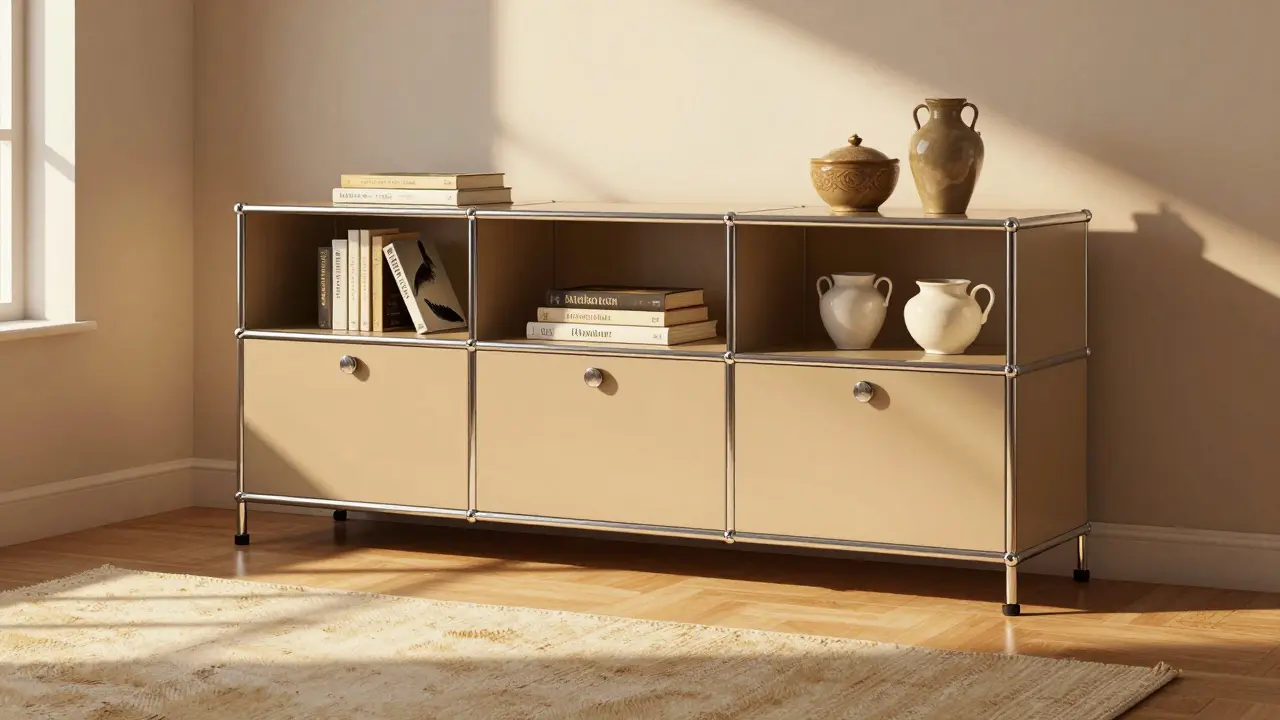 Iconisches Sideboard aus Stahl und Pulverbeschichtung mit geschlossenen Fächern für Bücher und Deko.
