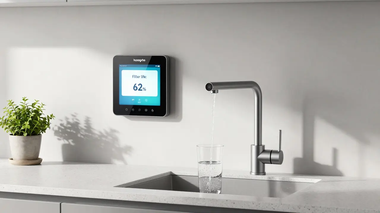 Integrierte Armatur mit digitalem Display, die gefiltertes Wasser in ein Glas fließen lässt, in einer modernen Küchenlandschaft.