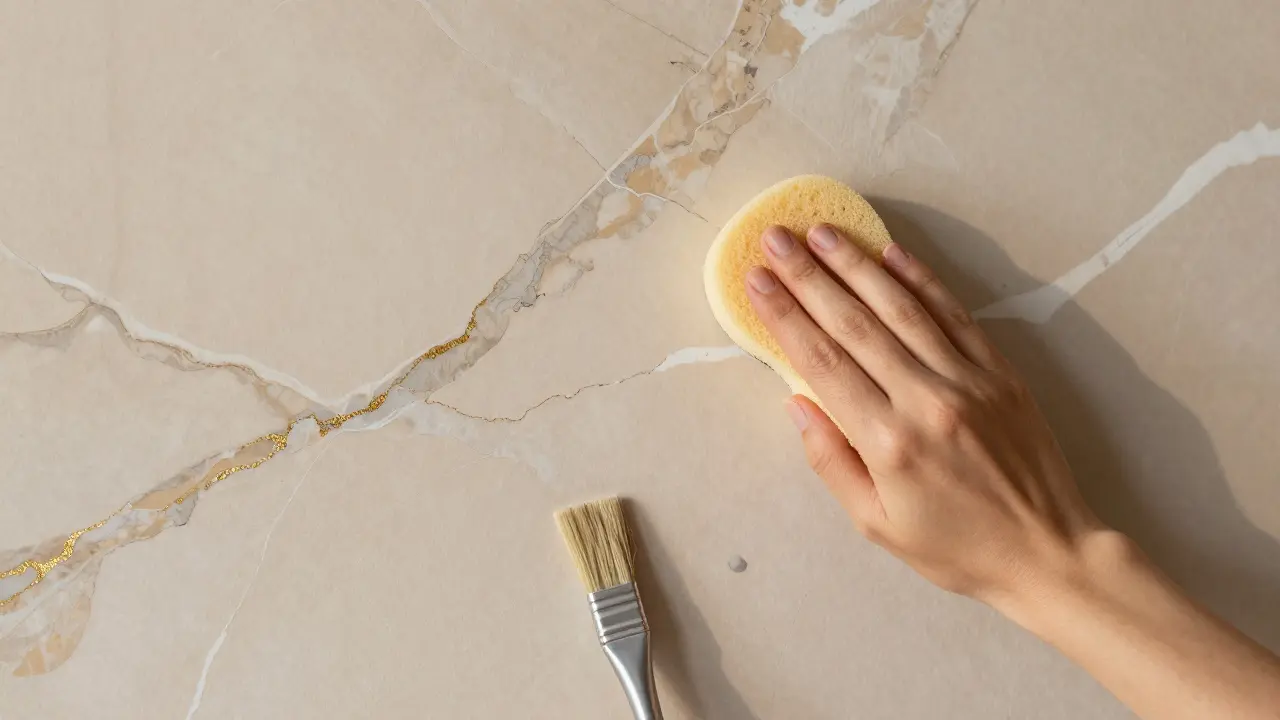 Marmor-Effekt an einer Wand mit Schwamm-Technik und subtilen Adern aus drei Farbtönen.