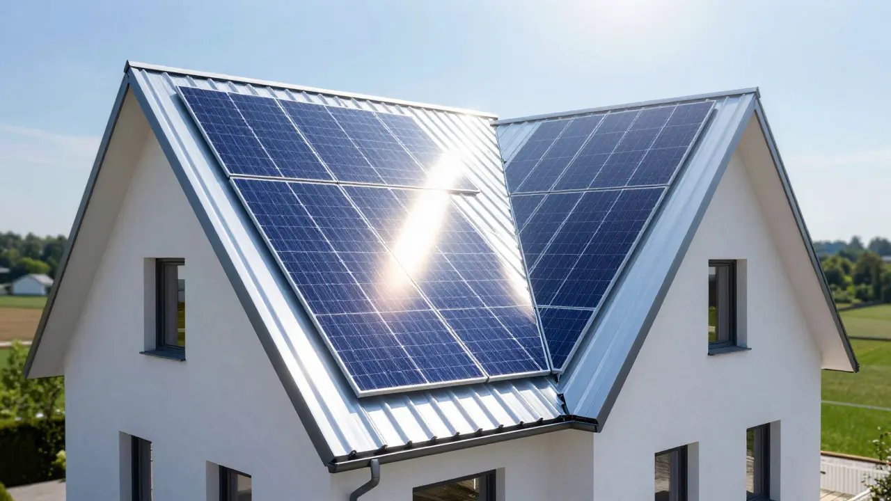 Modernes Haus mit weißer reflektierender Dachbeschichtung und integrierter Photovoltaik, Sonnenlicht reflektiert.