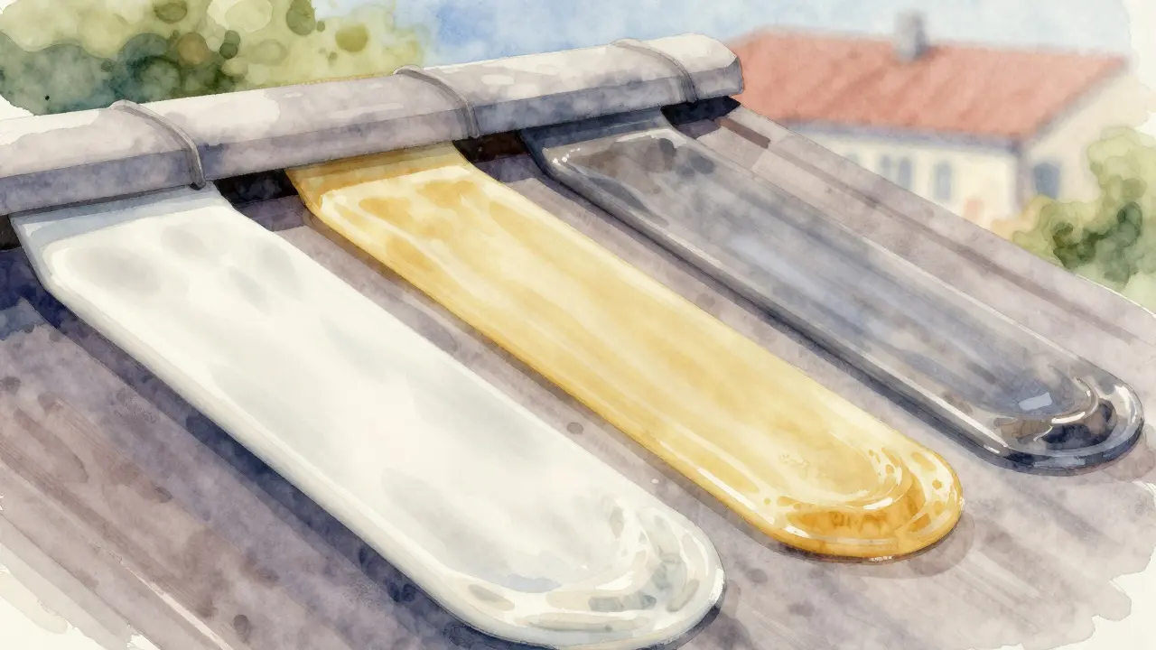 Nahaufnahme einer Dachfläche mit drei verschiedenen Beschichtungsmaterialien in Wasserfarb-Stil.