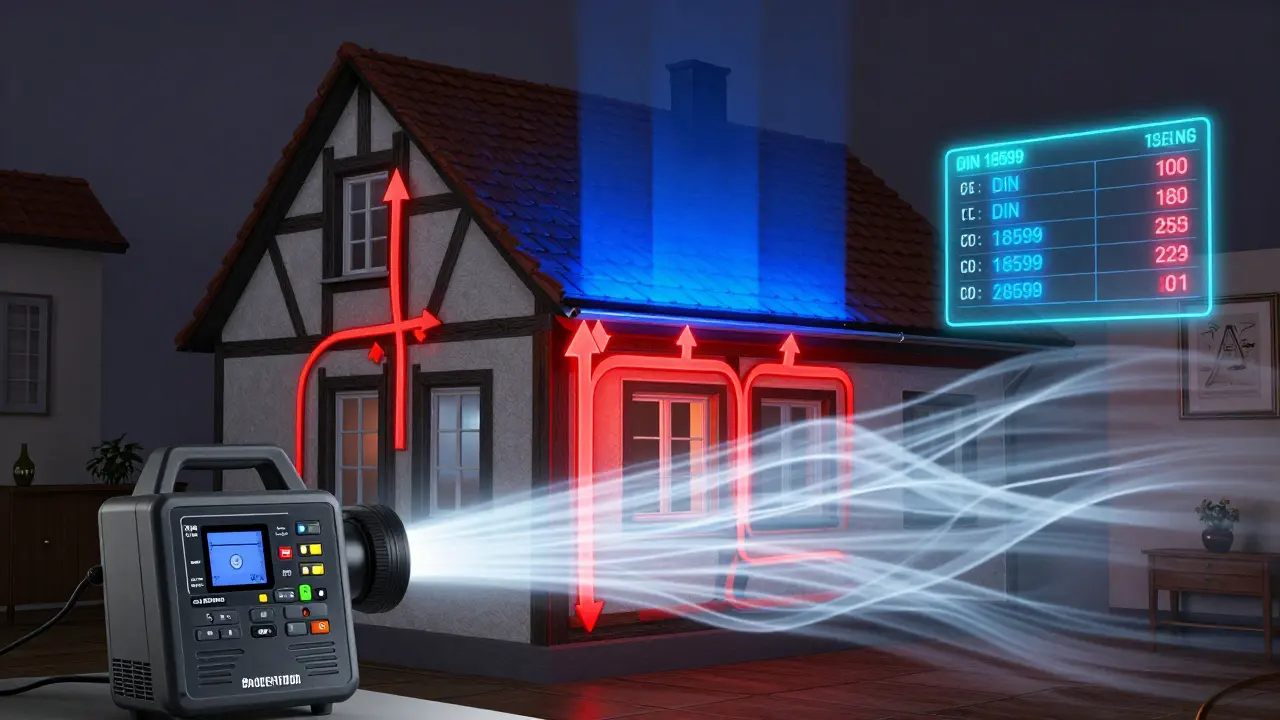 Querschnitt eines Hauses mit sichtbaren Wärmebrücken und Wärmeverlusten, visualisiert durch farbige Pfeile und digitale Messwerte.