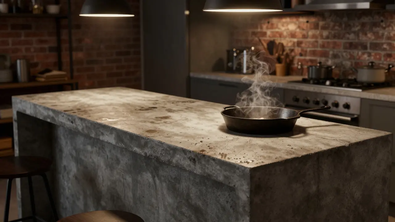 Rauhe Beton-Arbeitsplatte in einer Industrie-Küche mit heißen Topf und patinierter Oberfläche.