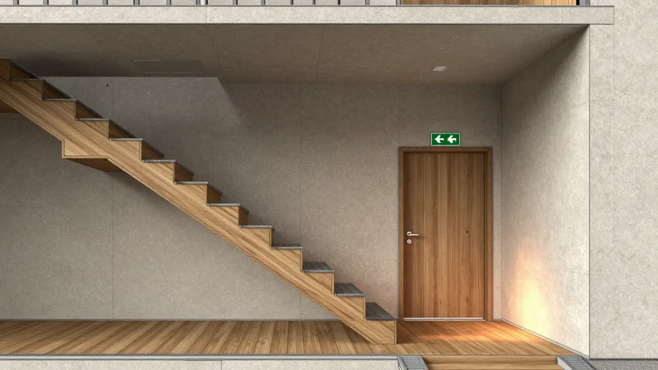 Schnittansicht eines Wohnhauses mit feuerbeständigen Bauteilen, rutschfesten Treppen und klarem Rettungsweg.