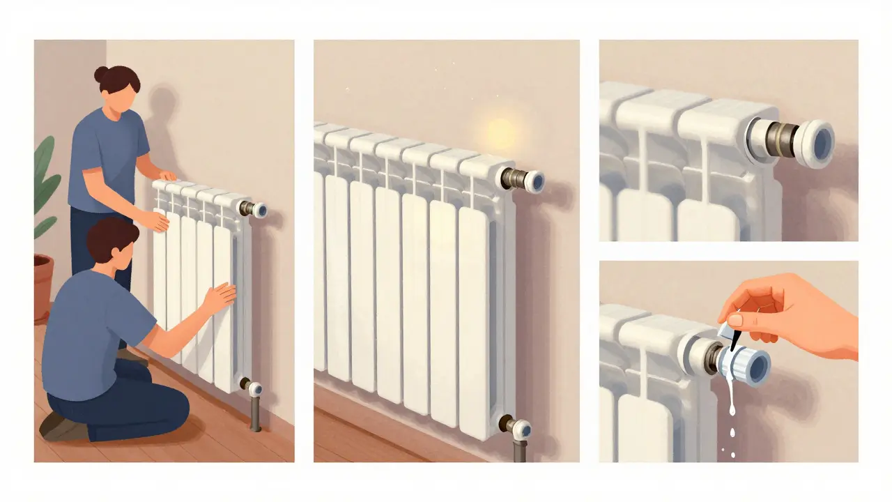 Schrittweise Installation eines neuen Heizkörpers: Entfernen, Montieren und Entlüften in einem Wohnzimmer mit warmem Licht.