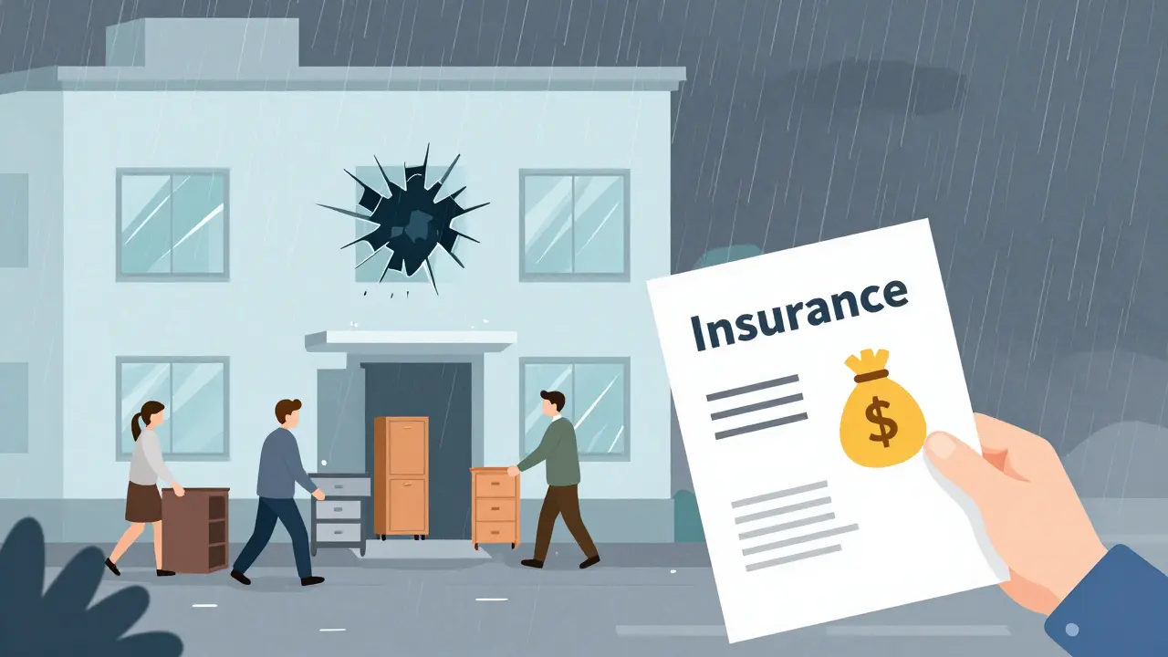 Sturmgeschädigtes Bürogebäude, Mieter ziehen aus, Versicherung für Mietverlust.