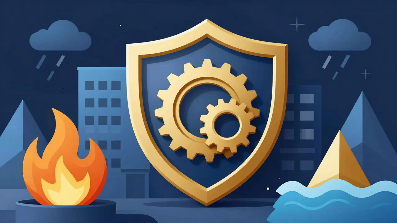 Symbolischer Versicherungsschutz gegen Risiken wie Feuer und Sturm für Gewerbeimmobilien.