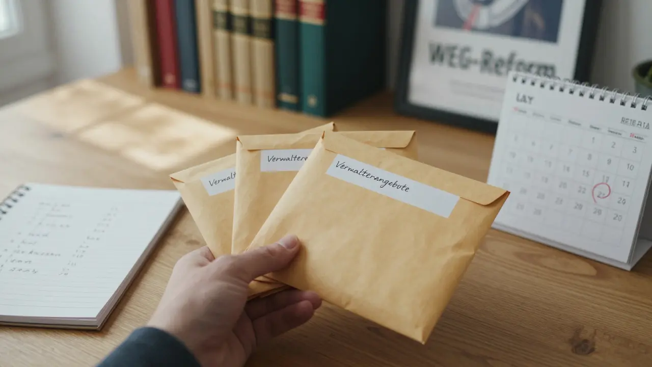 Three sealed offers from property management companies on a desk with handwritten notes.
