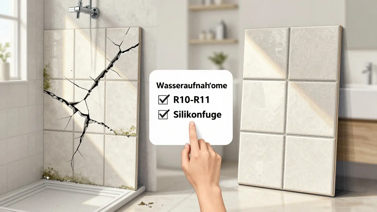 Vergleich von fehlerhaften und korrekten Fliesenverlegungen: links Schimmel und Risse, rechts rutschfeste Feinsteinzeugfliesen mit antimikrobieller Fuge.