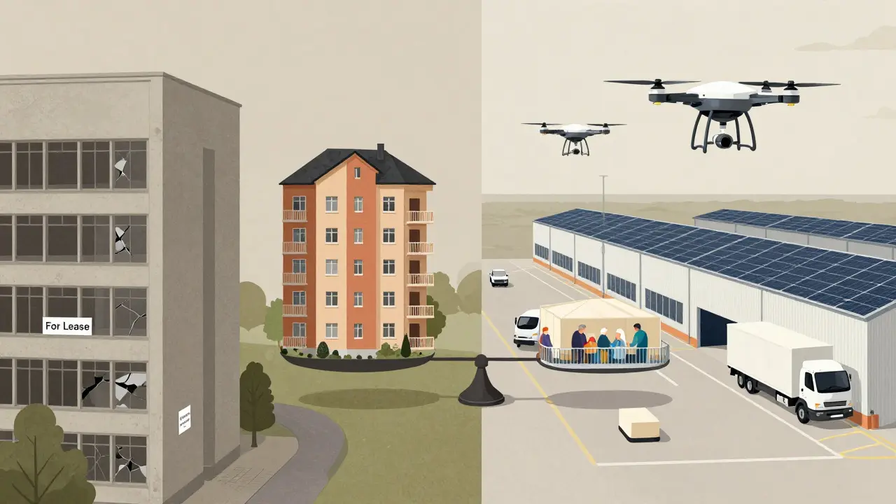 Vergleich von verwaistem Bürogebäude und modernem Logistikzentrum mit Wohn- und Pflegeobjekten