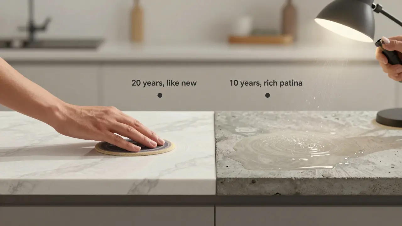 Vergleichende Darstellung: Mineralwerkstoff wird poliert, Beton imprägniert — beide mit Lebensdauer-Label.