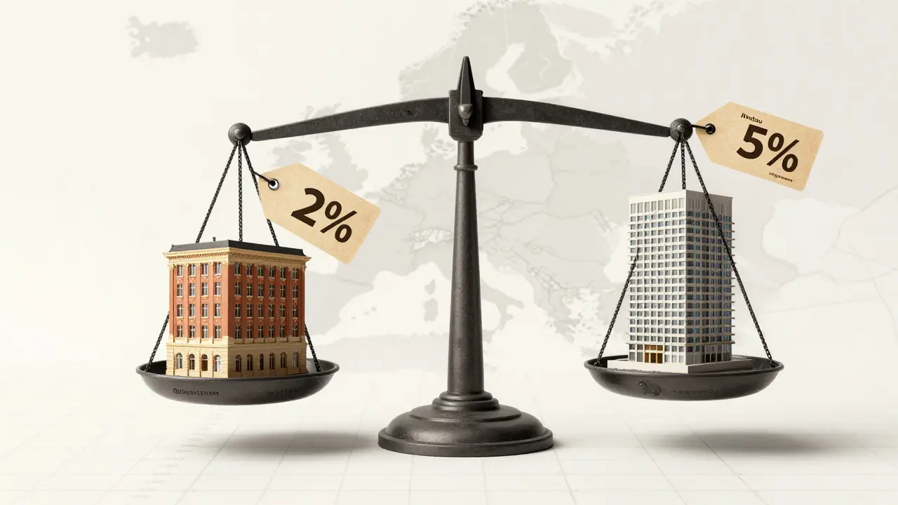 Waage vergleicht die Abschreibung von altem Gebäude (2%) mit neuem Neubau (5%) über einem deutschen Landkarten-Hintergrund.