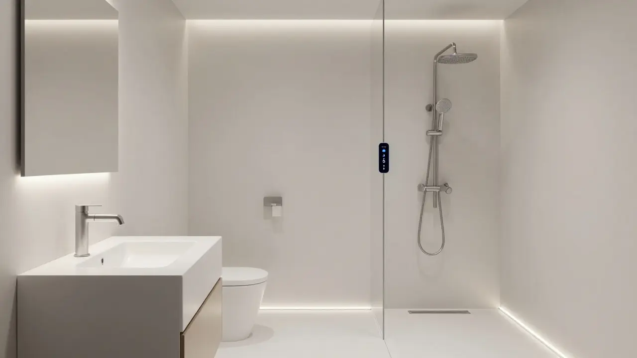 Zukunftsorientiertes barrierefreies Bad mit Sprachsteuerung, Sturzalarm und antimikrobiellen Oberflächen für Demenzpatienten.