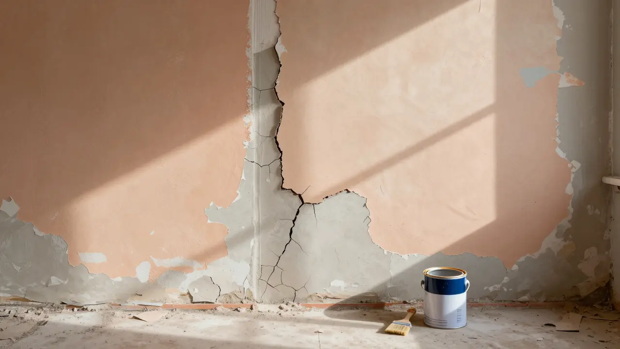 Abblätternde Farbe und bröckelnder Putz an einer nicht grundierten Wand neben einer Tür.