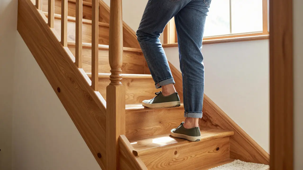 Älterer Mensch steigt sicher eine rutschfeste Treppe mit Profilleisten und Geländer hinauf, Tageslicht fällt durch das Fenster.