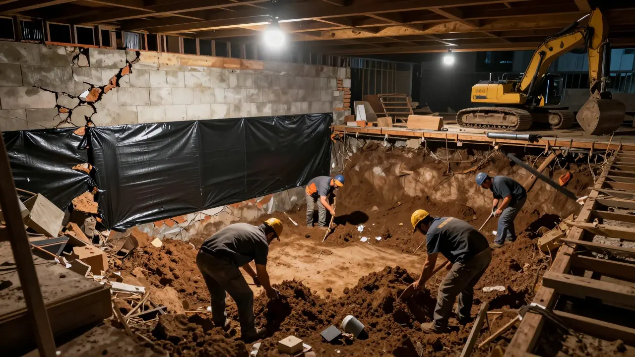 Außensanierung eines Kellers: Erdarbeiten, neue Abdichtung an der Außenwand, beschädigtes Mauerwerk wird ersetzt.