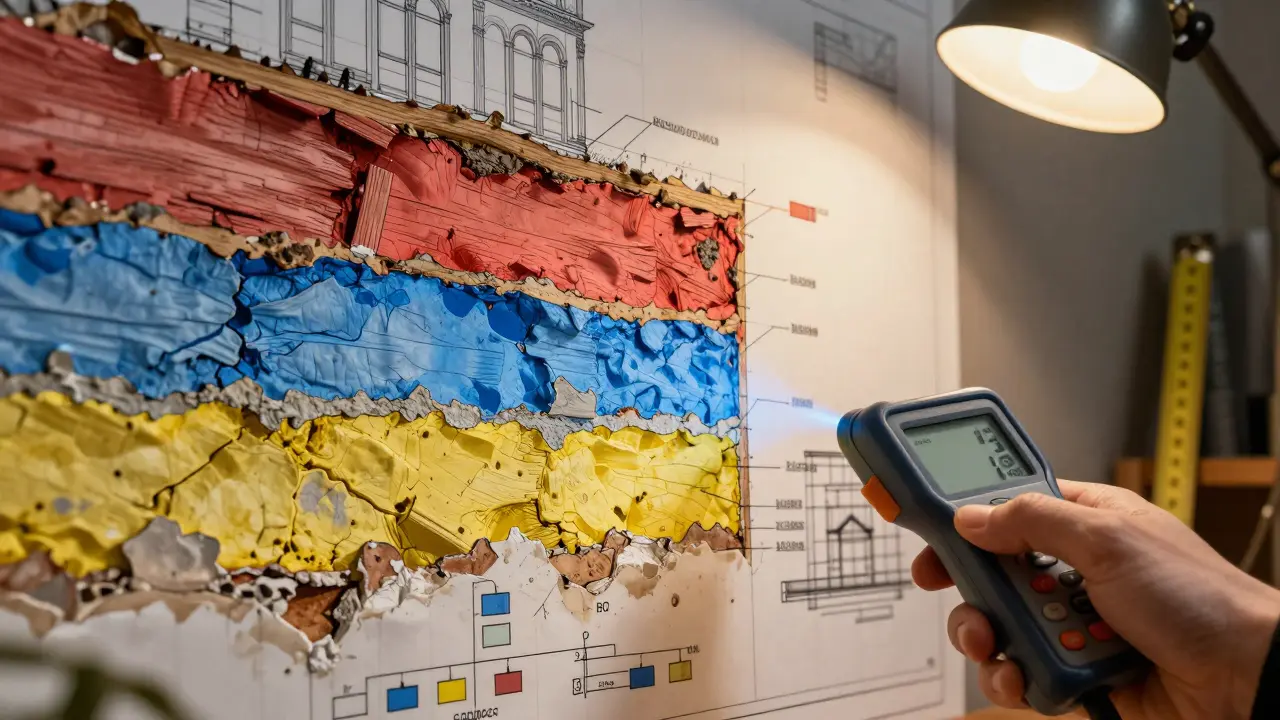 Cross-section of a historic wall showing color-coded damage layers: rot, moisture, and plaster loss.