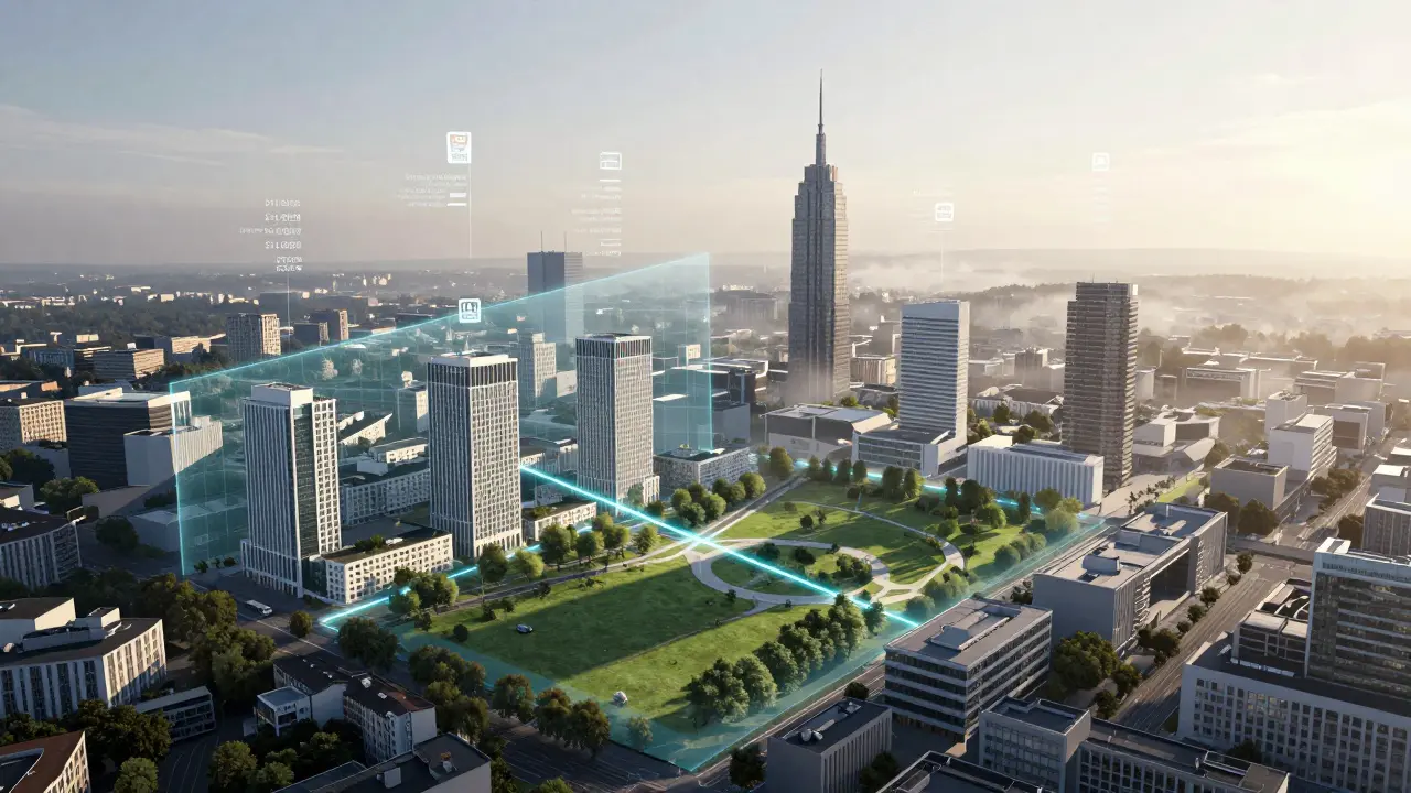 Digitale Stadtplanung mit Zonen für Wohnen, Grünflächen und Gewerbe, visualisiert durch transparente Overlay-Systeme.