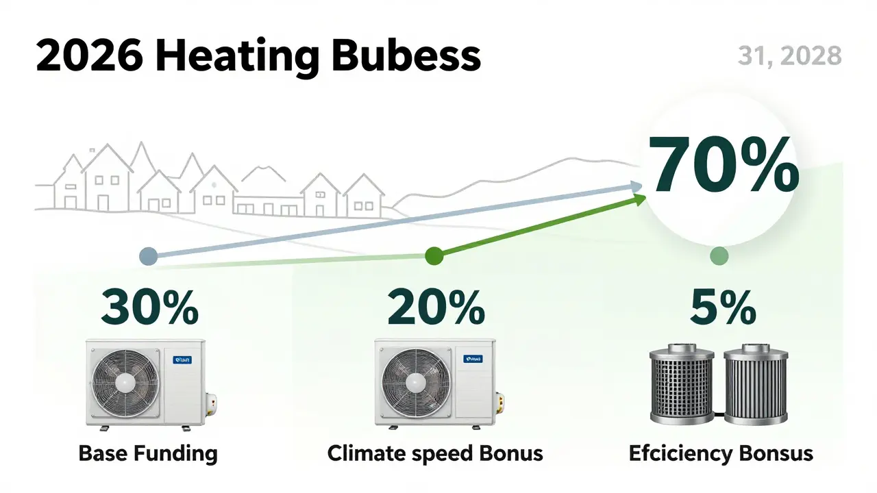 Drei Bonusstufen für Heizungsmodernisierung: 30%, 20% und 5% Förderung, dargestellt als ikonische Elemente mit Zeitachse bis 2028.