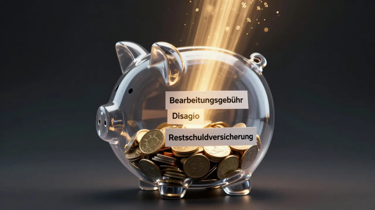 Durchsichtige Spardose mit versteckten Kreditkosten, die nur der Effektivzins durchleuchtet.