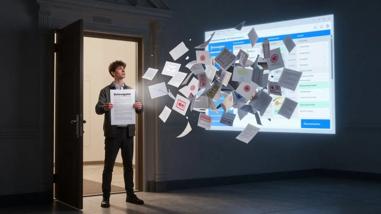 Ein Bürger hält einen Bebauungsplan, während hinter ihm Papierchaos in digitale Effizienz übergeht.