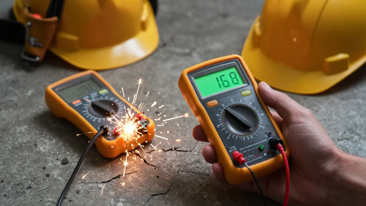 Ein präzises Multimeter zeigt eine korrekte Messung, während ein kaputter Billig-Messgerät Funken sprüht.