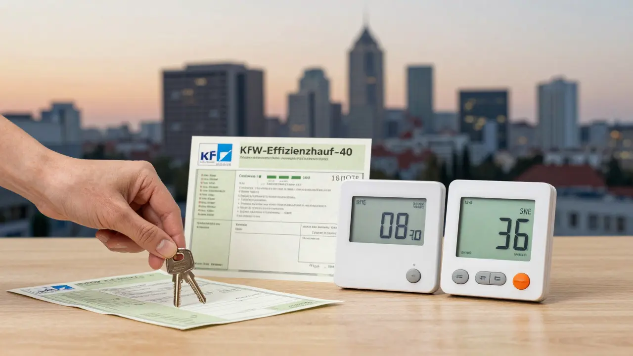 Eine Schlüssel liegt neben einem Energieausweis, einem Sanierungszertifikat und einem Thermostat auf einem Holztisch.