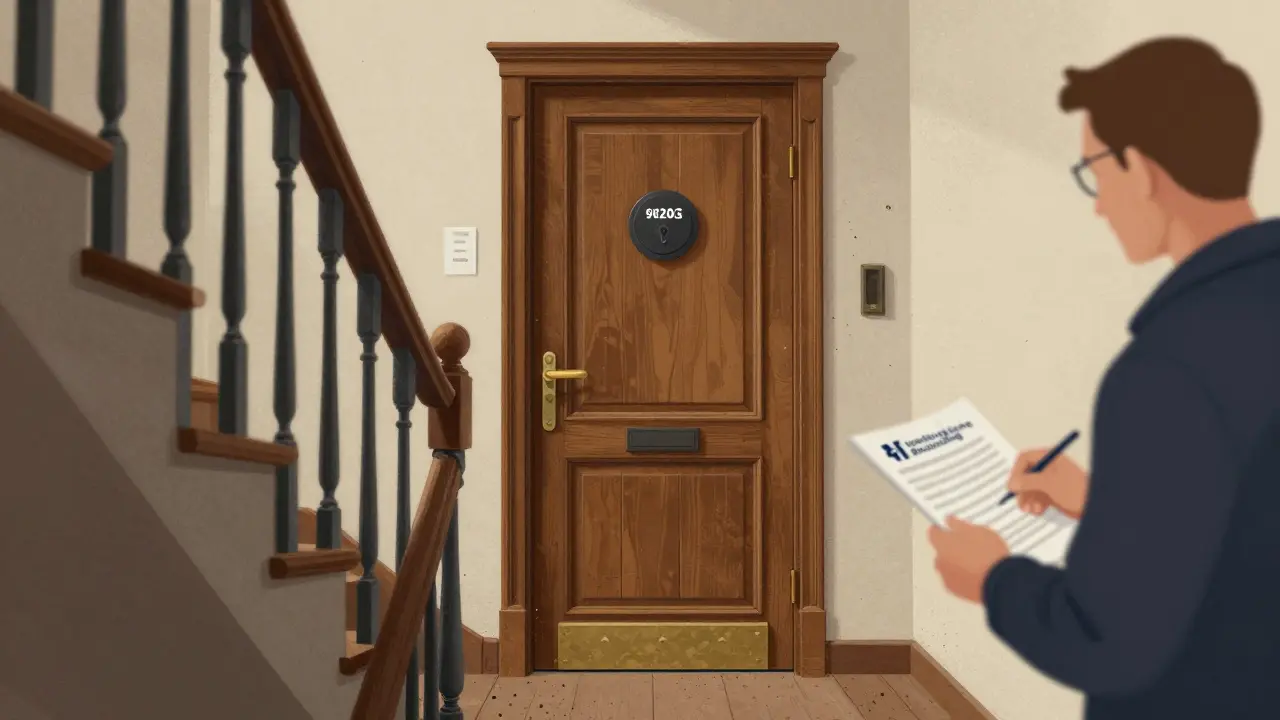 Feuerschutztür mit historischem Design wird in altem Treppenhaus eingebaut, Inspektor mit Prüfliste im Hintergrund.