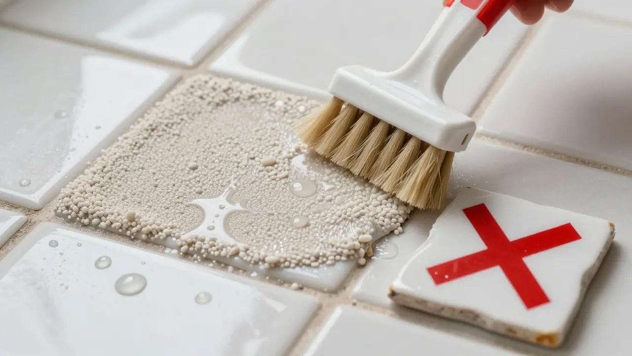 Flüssige rutschhemmende Beschichtung wird auf alte Fliese aufgetragen, während eine glatte, gefährliche Fliese daneben abgelehnt wird.