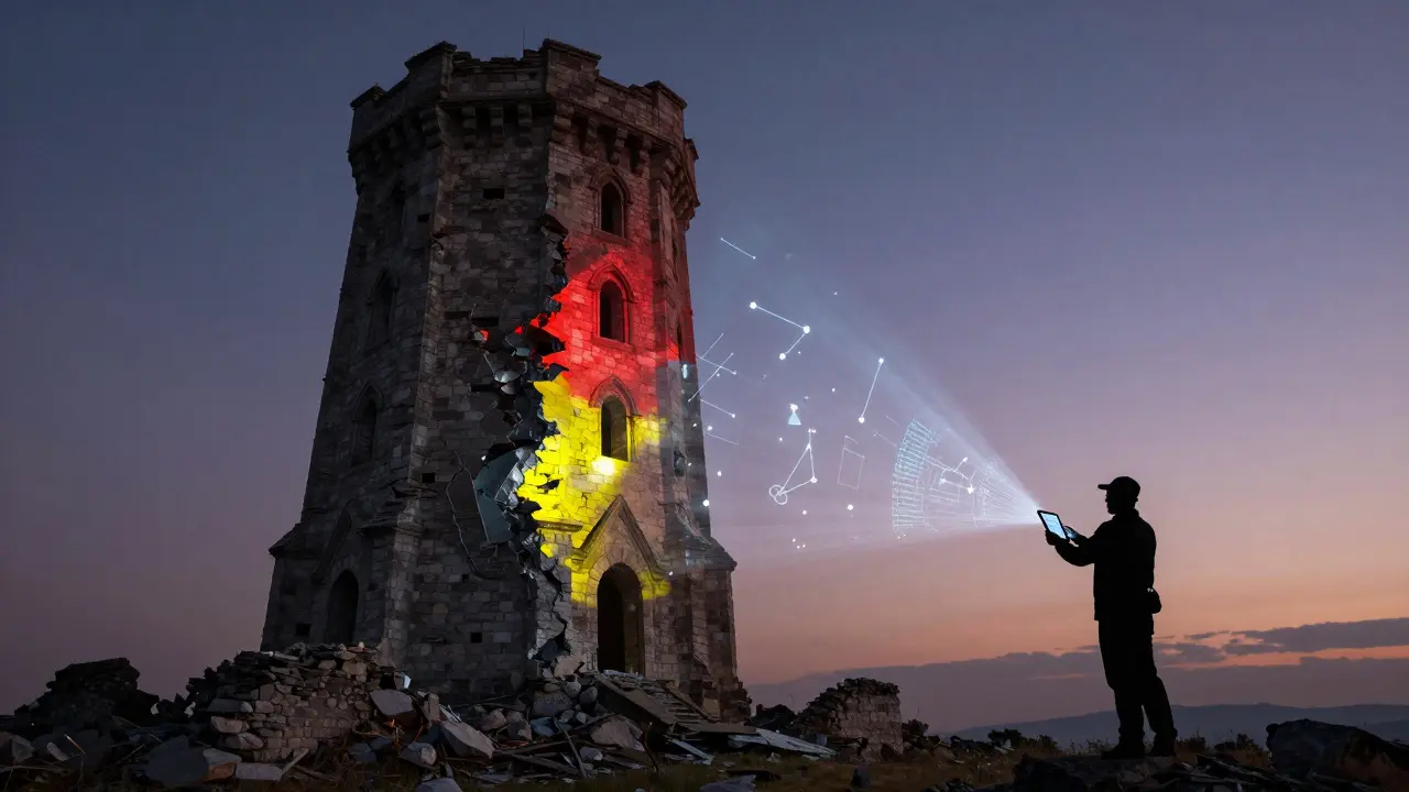 Ghostly overlay of a crumbling tower showing original structure and digital scan points at dusk.