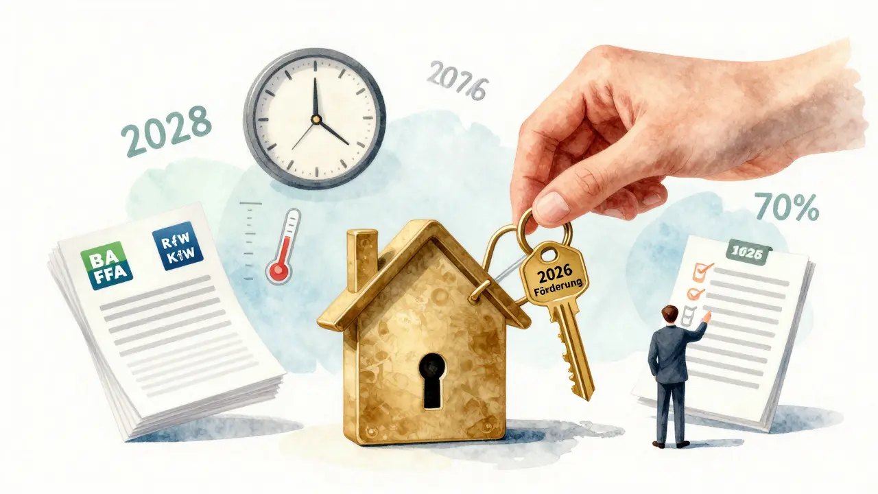 Goldener Schlüssel mit '2026 Förderung' öffnet ein Haus-Schloss, umgeben von Dokumenten, Uhr und Energieberater.