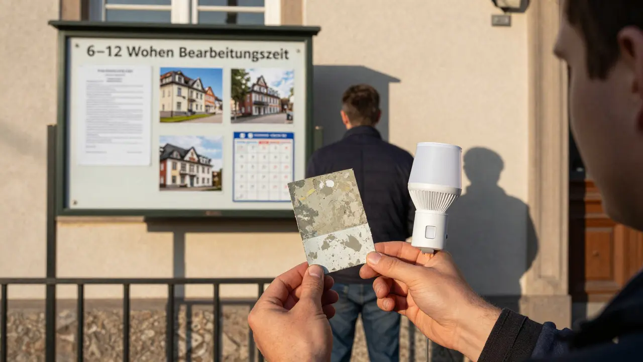 Hausbesitzer hält alte Farbprobe neben moderner Beleuchtung, vor einem denkmalgeschützten Gebäude mit offiziellen Genehmigungsunterlagen.