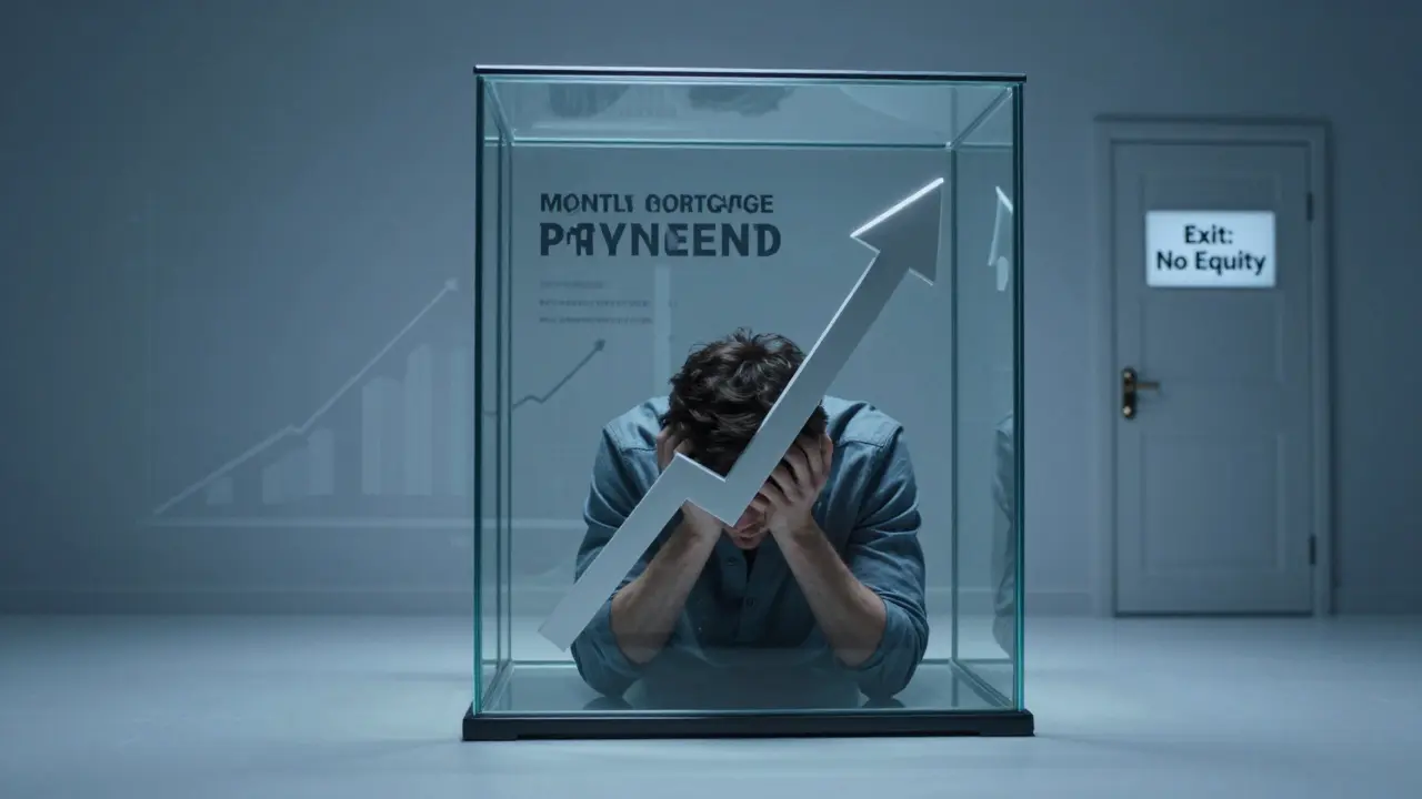 Mensch in Glasgitter aus monatlichen Raten, Zinspfeile durchbrechen die Wand, dahinter fallende Immobilienwertkurve.