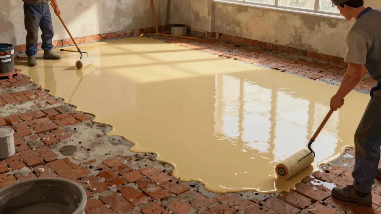 Modernes 2-in-1-Bodensystem wird als Flüssigkeit auf einen alten Ziegelboden aufgetragen und versiegelt.