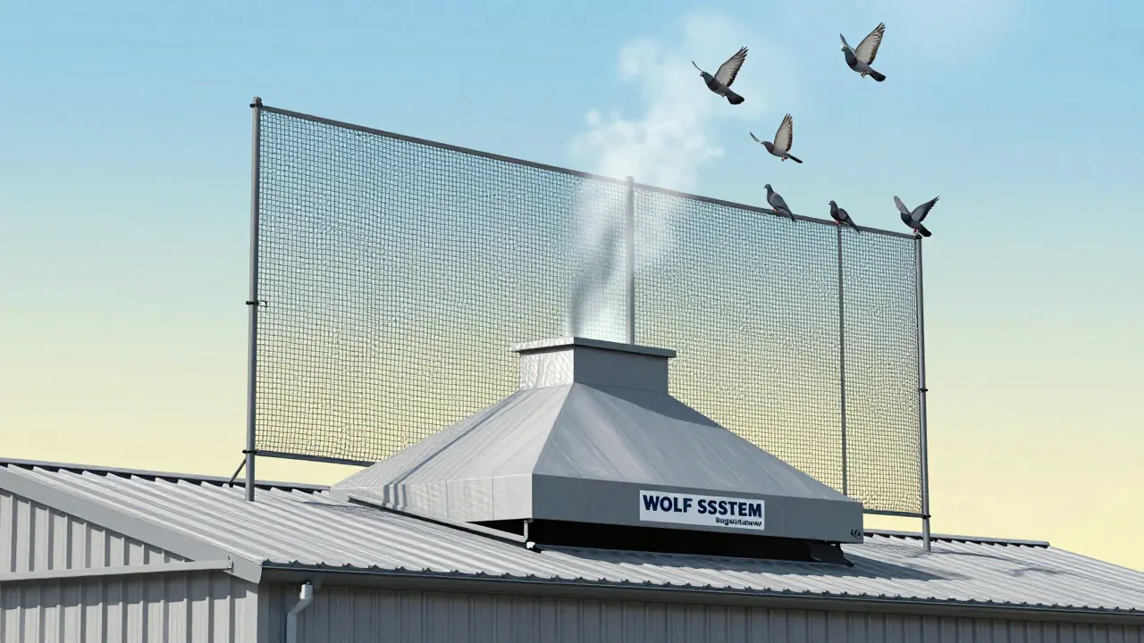 Modernes Kaminhaubensystem mit Vogelschutzgitter an einem landwirtschaftlichen Gebäude.