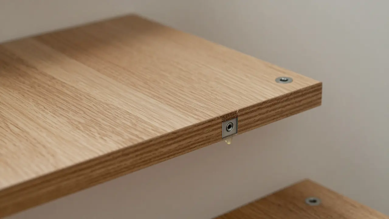 Nahaufnahme einer neu verlegten Treppenstufe mit versteckten Befestigungsprofilen und Dämpfungsschicht.