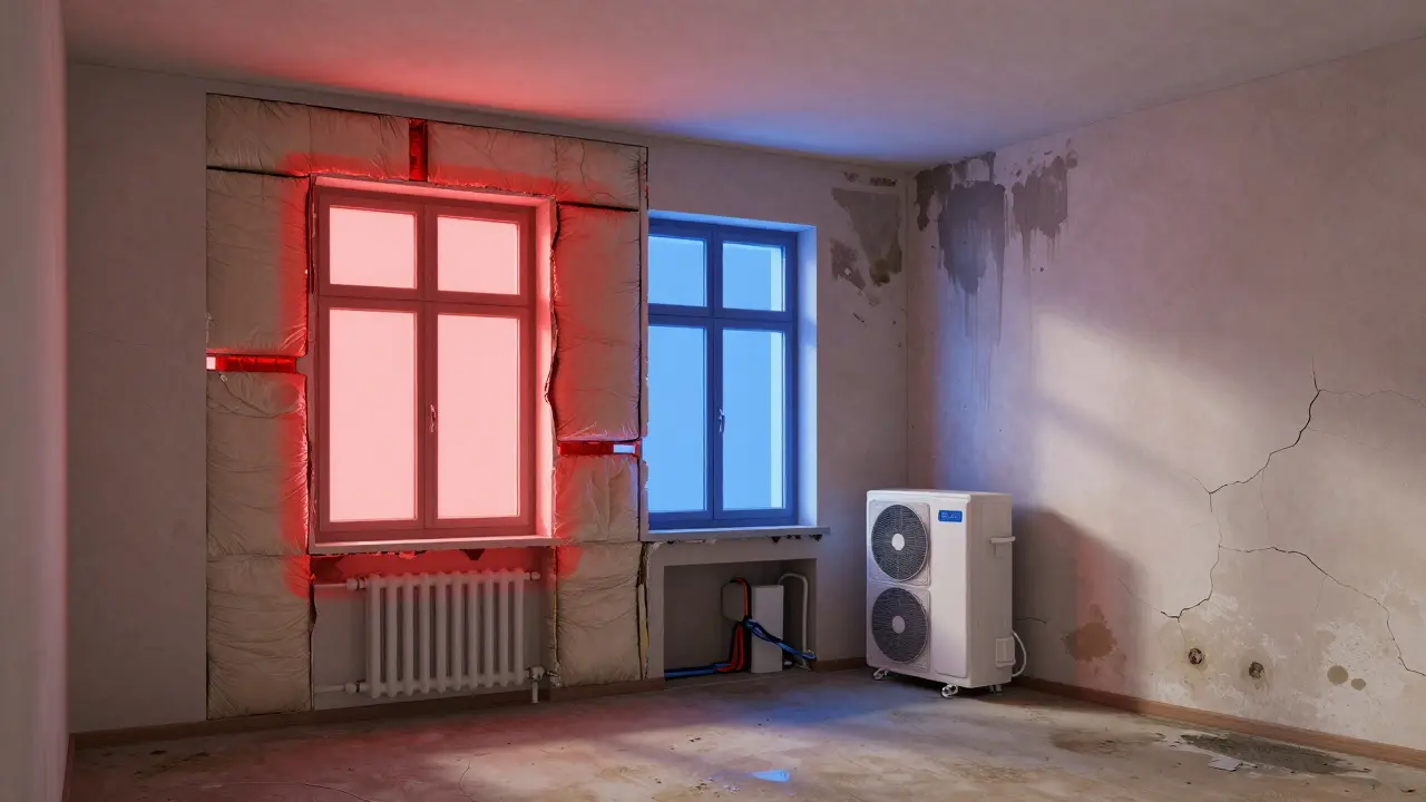 Querschnitt einer renovierten Wohnung mit Wärmebildern, die isolierte Bereiche und alte Wärmebrücken zeigen.