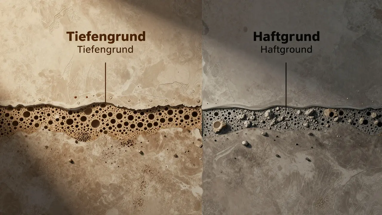 Querschnitt einer Wand mit zwei unterschiedlichen Grundierungsarten: tiefe Durchdringung und oberflächliche Verfestigung.