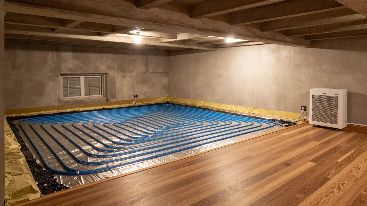 Sanierter Keller mit gedämmtem Estrich, Fußbodenheizung und luxuriösem Bodenbelag als wohnlicher Raum.