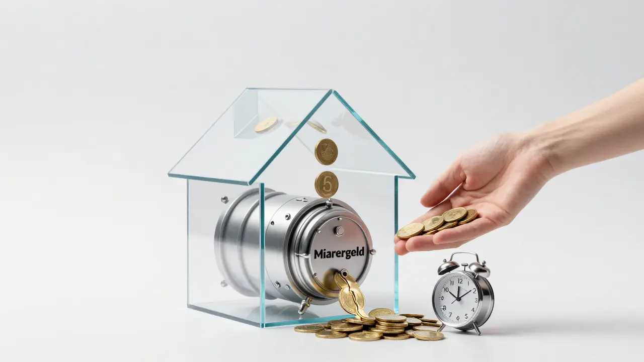 Transparentes Haus mit Geldströmen, die in einen sicheren Kasten fließen, Mieter holt sein Geld zurück.