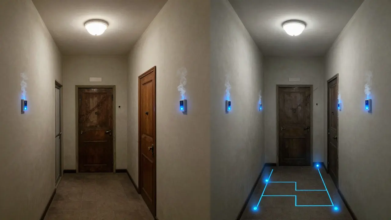 Unsichtbare Brandschutz-Sensoren in Wänden eines Altbaus, digitales Netzwerk erkennt Brandgefahr ohne Umbau.