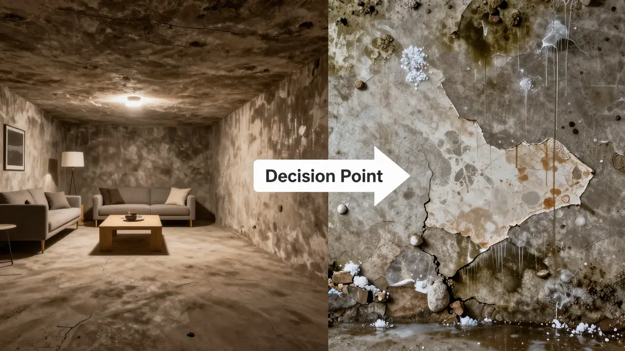 Vergleich: Trockener, genutzter Keller links vs. feuchter, verschimmelter Keller rechts.