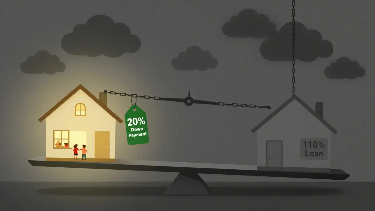 Waage mit gemütlichem Zuhause und 20%-Anzahlung gegenüber leerem Haus mit 110%-Kredit und Ketten.